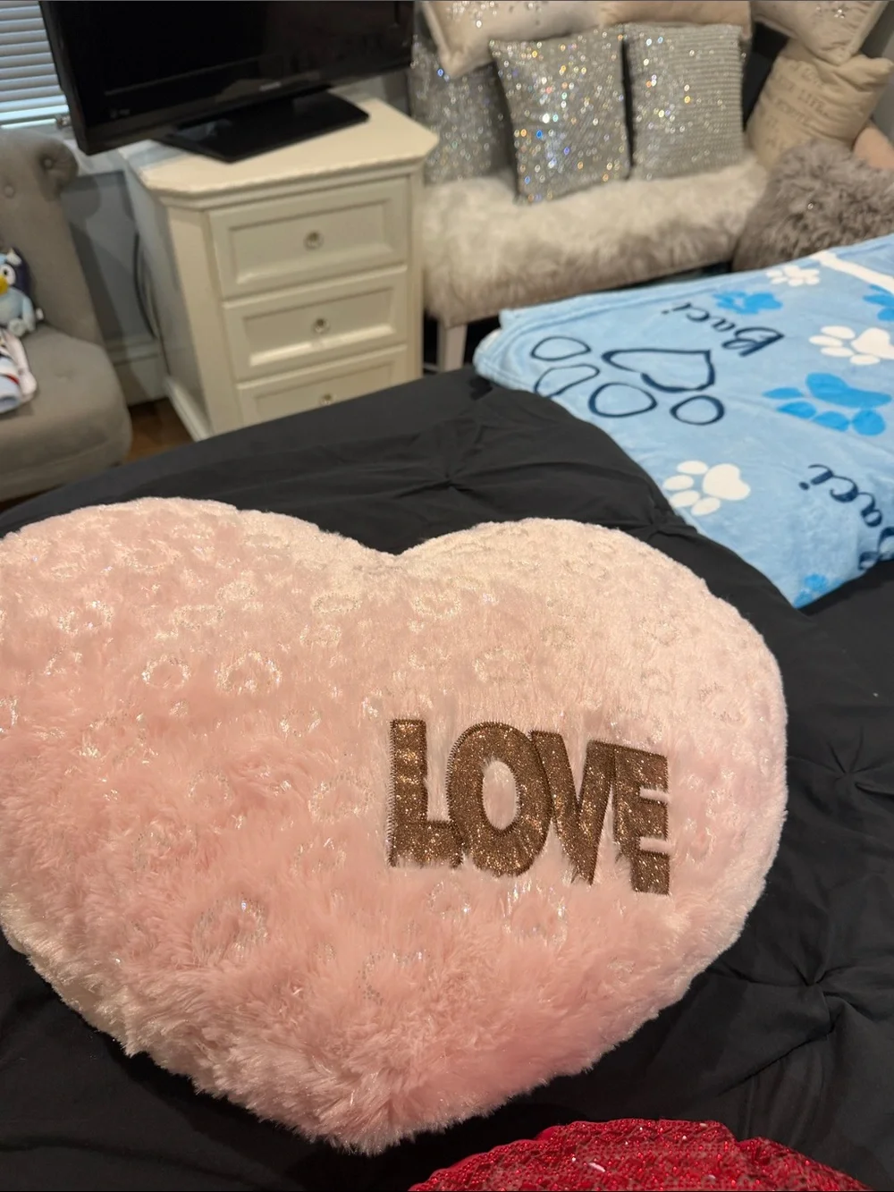 Pink Fuzzy 'LOVE' Heart Pillow & Red Beaded Round Cushion